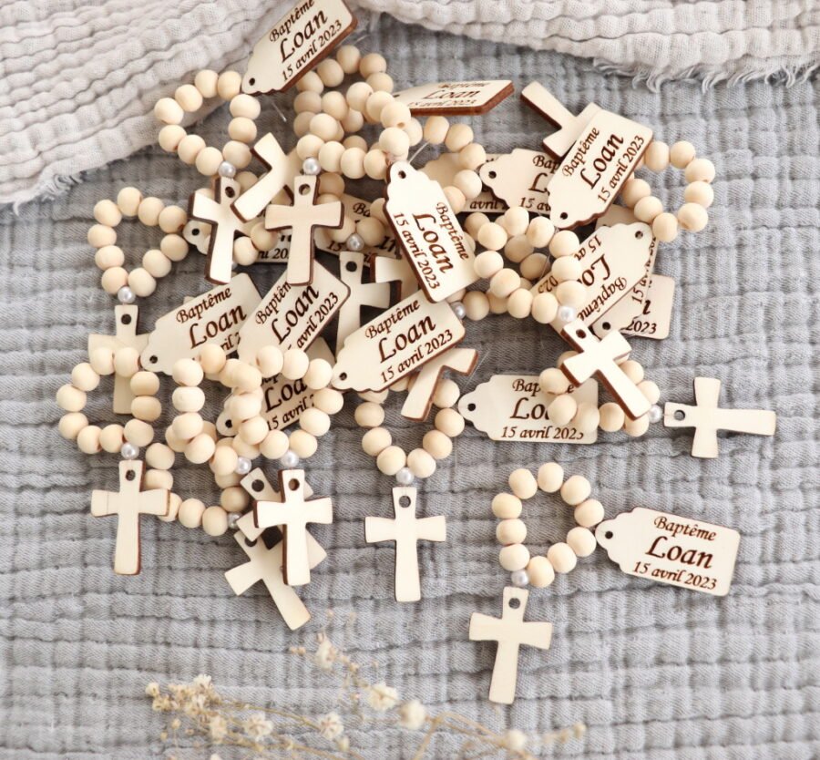 Mini chapelet personnalisé, rosaire de poche en bois, dizainier Baptême