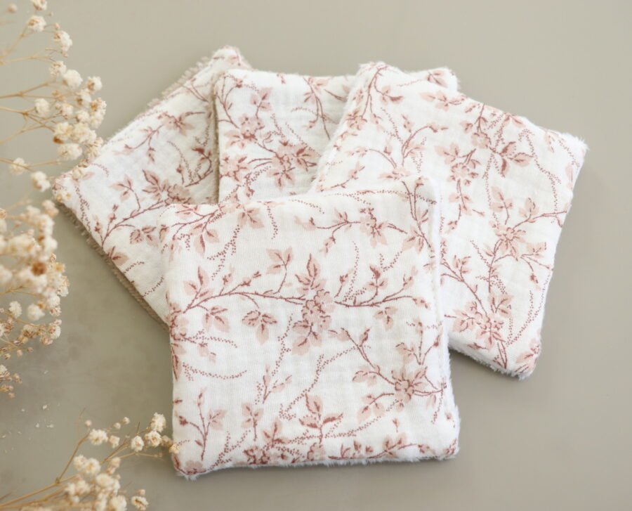 Coton lavable fleuri vieux rose éponge bambou