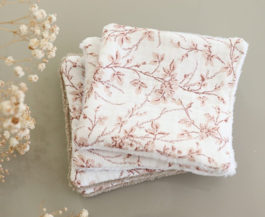 Coton lavable fleuri vieux rose éponge bambou
