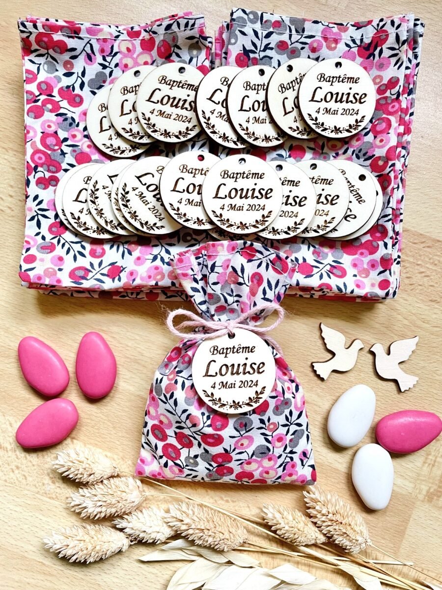 Pochons liberty rose étiquette ronde couronne fleurie Louise