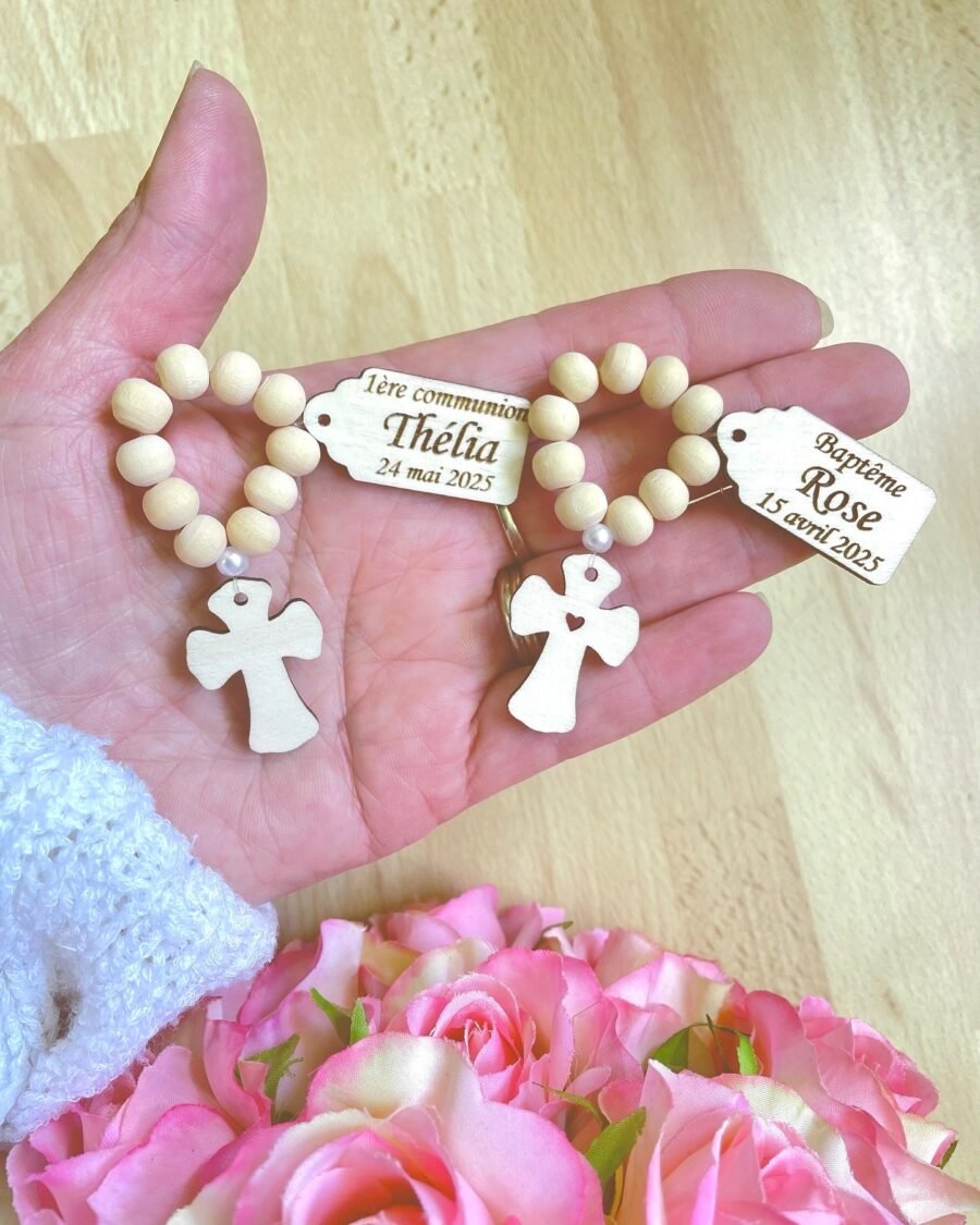 Mini chapelet personnalisés croix ronde coeur baptême communion