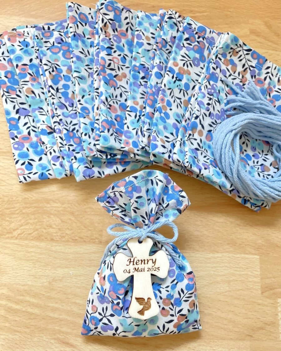 Pochons Liberty bleu ciel croix colombe Henry