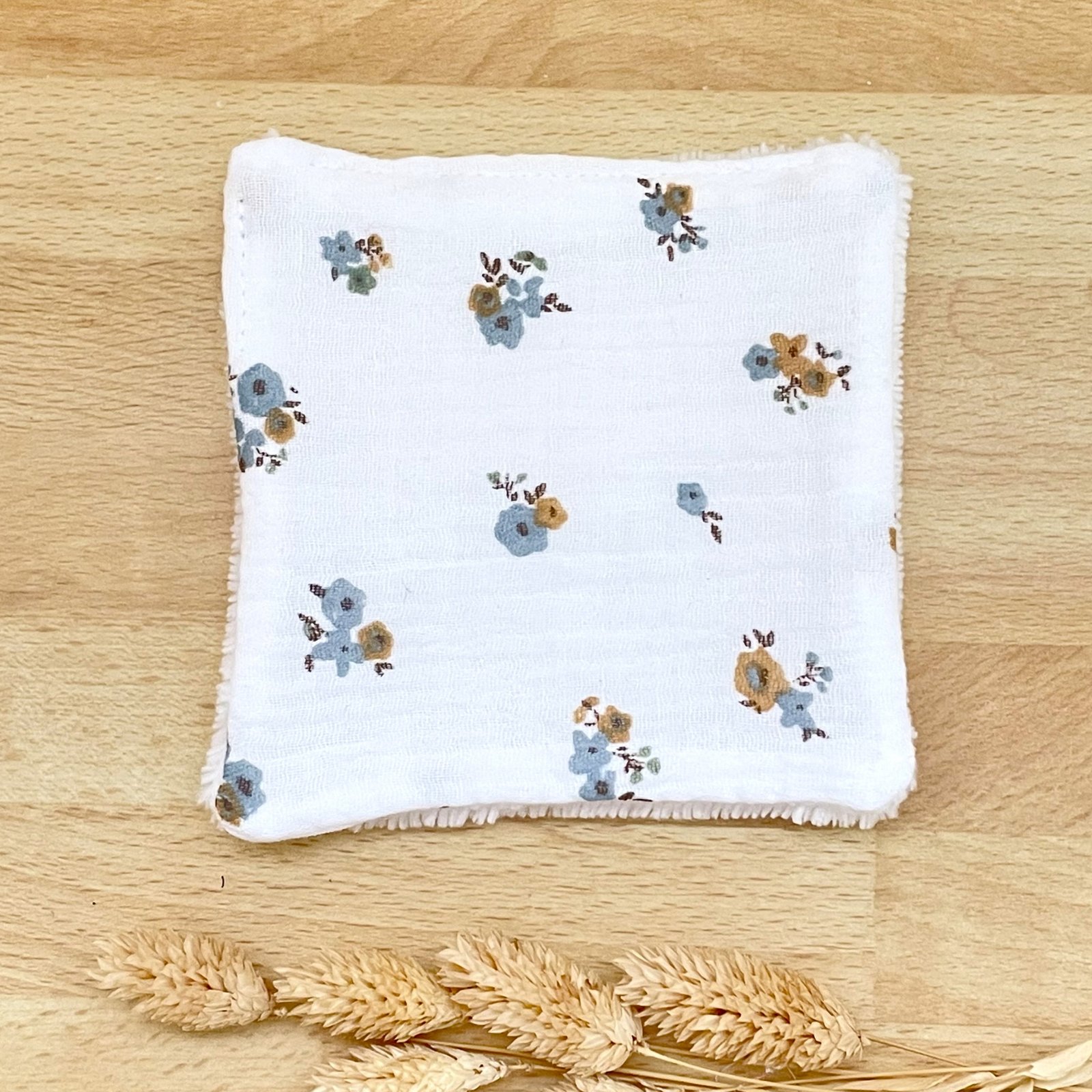 Coton lavable bambou fleurs bleu terracotta