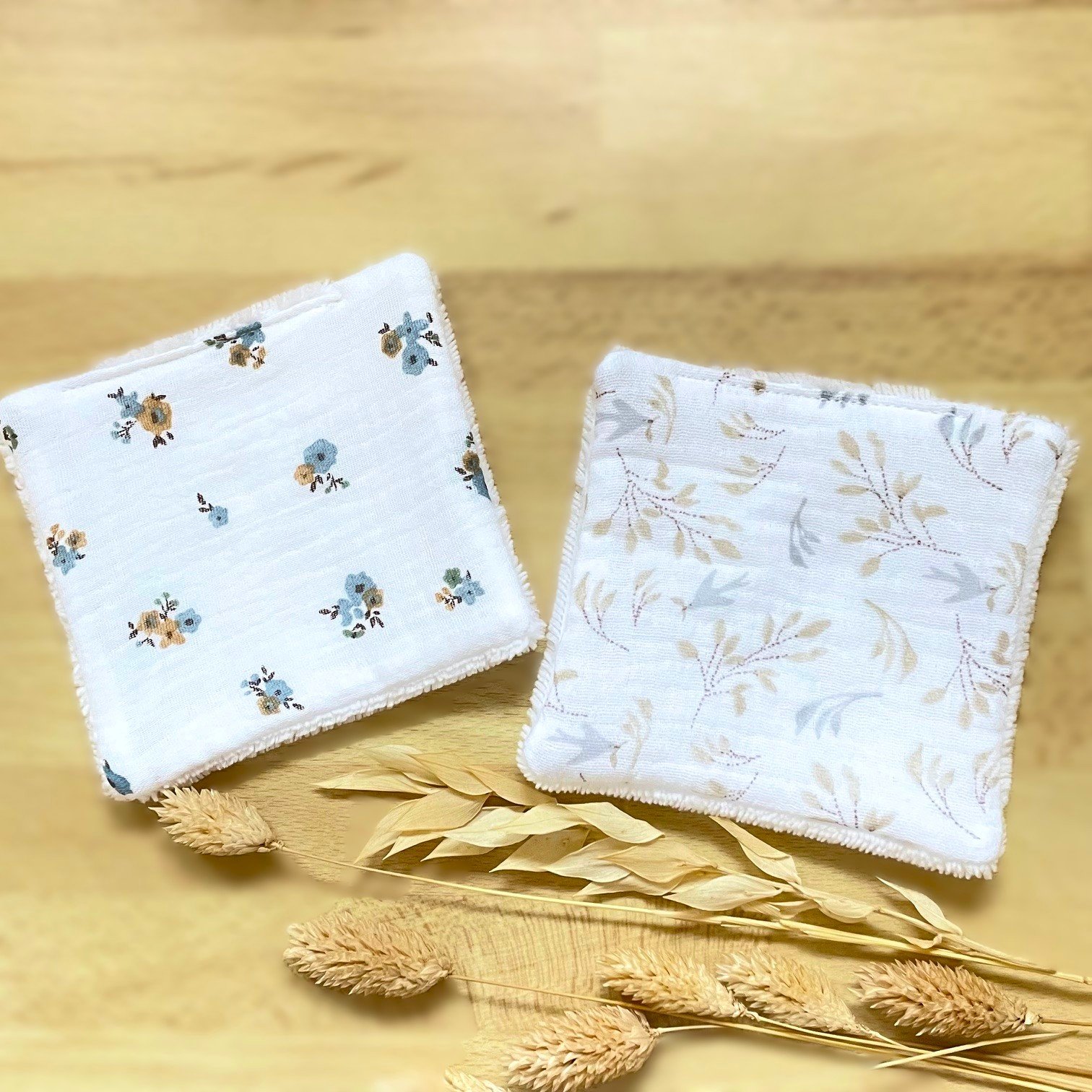 Coton lavable bambou fleurs bleu terracotta