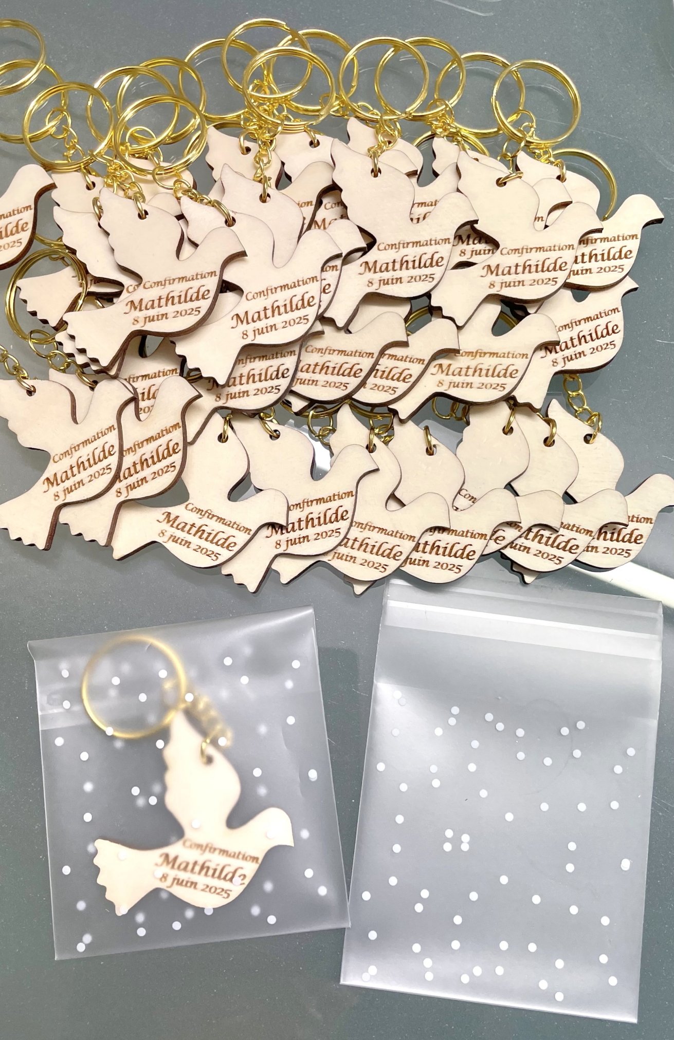 Porte clé colombe dans sachet