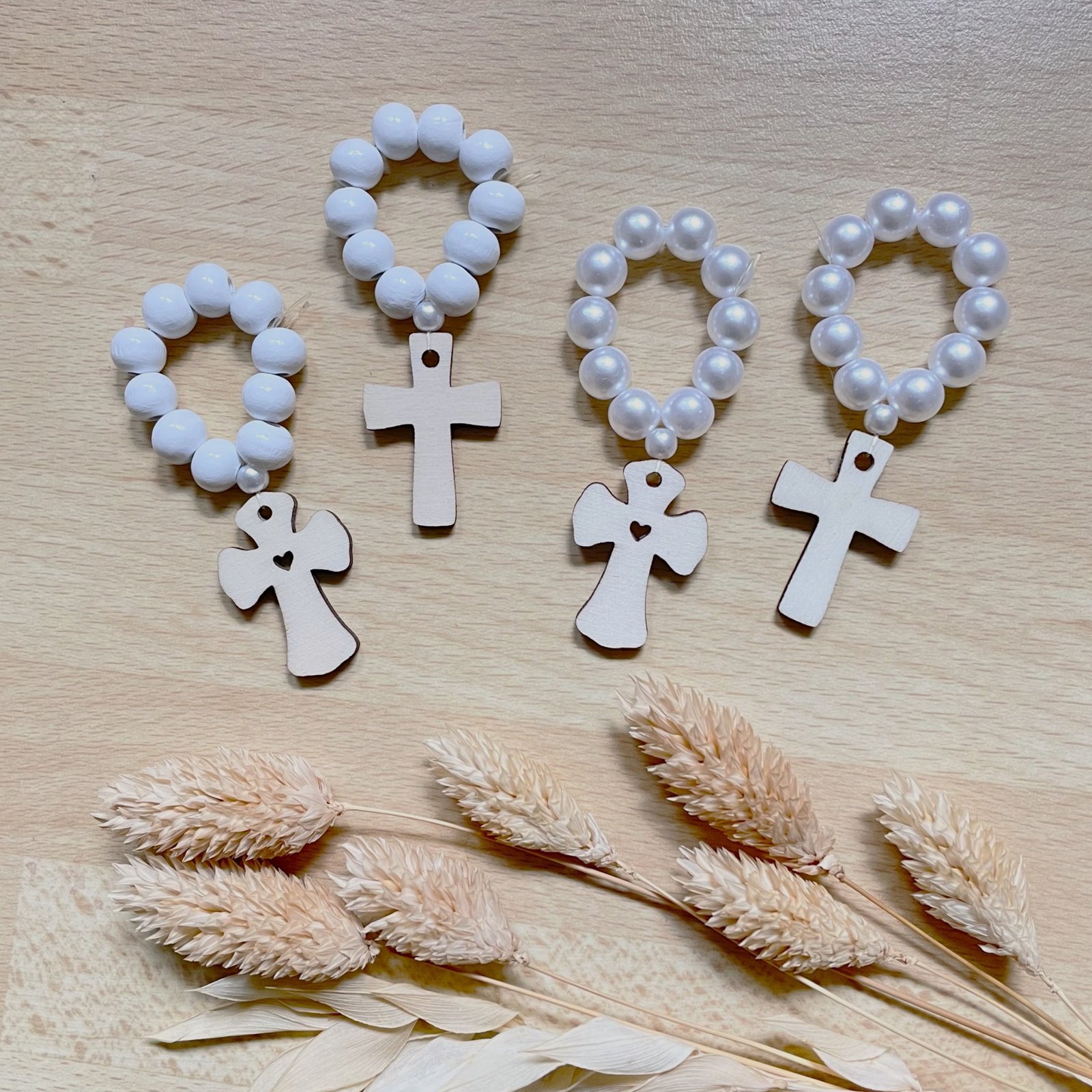 Mini chapelet rosaire de poche dizainier perles bois nacre et blanche